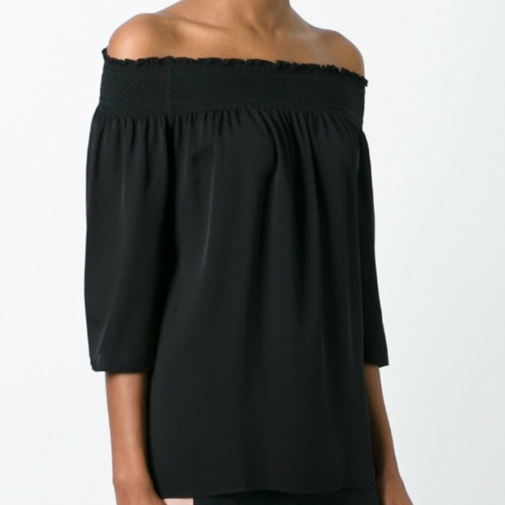 Theory Black Elistaire Off The Shoulder 100% Silk Blouse Top Black Size P (XS)